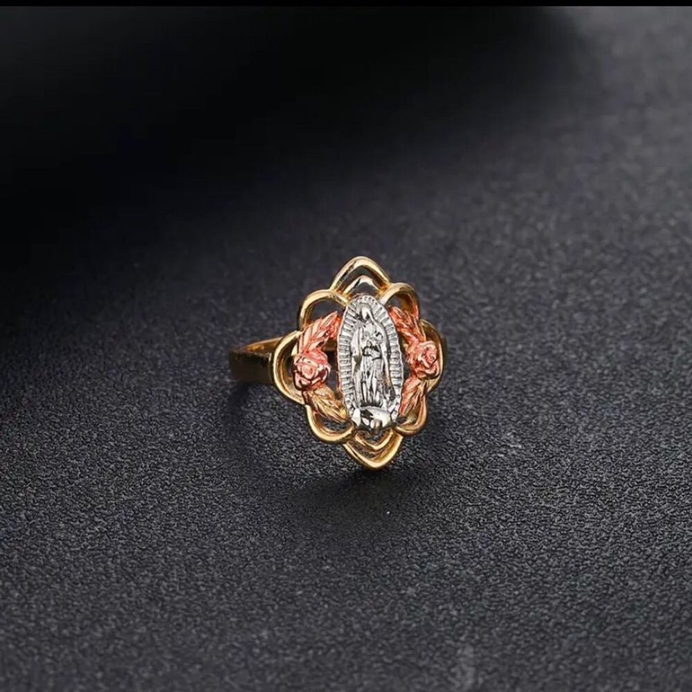 Elegant Tri-Color Virgen de Guadalupe Gold Plated Ring - Religious Band